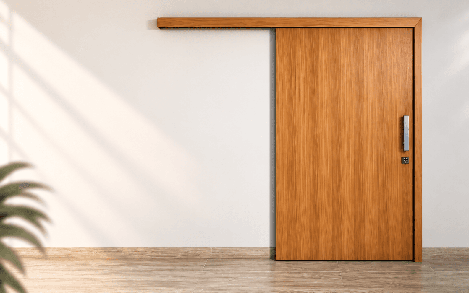 Referência visual de uma porta de madeira com kit de correr aplicado; a porta não está inclusa no kit